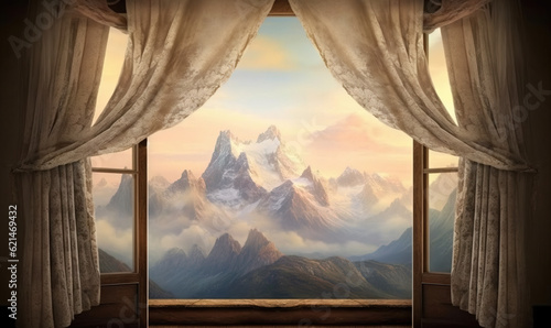  a painting of a mountain scene is shown through a window.  generative ai photo