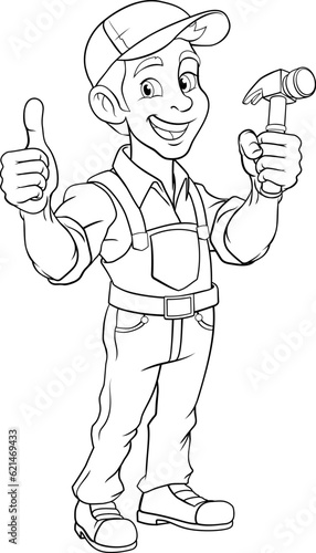 A handyman or carpenter cartoon construction man mascot character holding a hammer tool