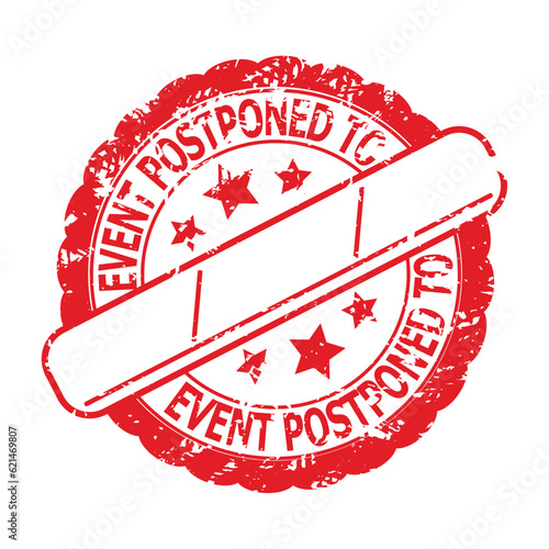 Cancelled event and rescheduled, new date and event update, event cancellation rubber stamp