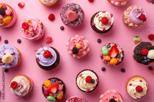 Cupcakes birthday pink dessert. Generate Ai