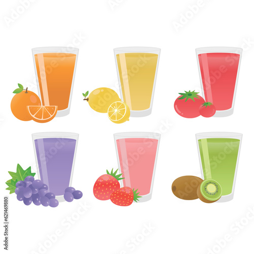 Fruit juice vector illustration. Glass of juice. Oranges, lemons, tomatoes, grapes, strawberries, kiwis juice. Fresh healthy fruit.