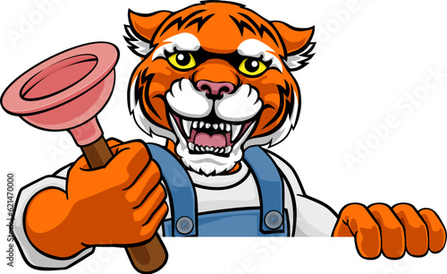 A tiger plumber cartoon mascot holding a toilet or sink plunger peeking round a sign