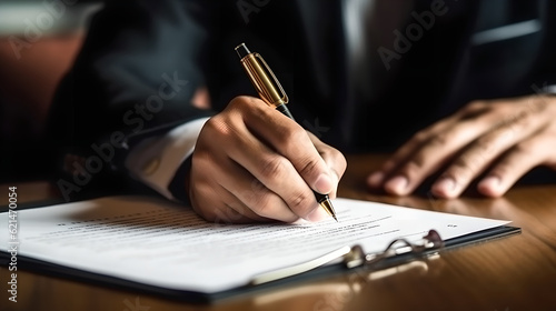 Businessman validates and manages business documents and agreements. Businessman leafing through documents and signing contract for business deal at work in office