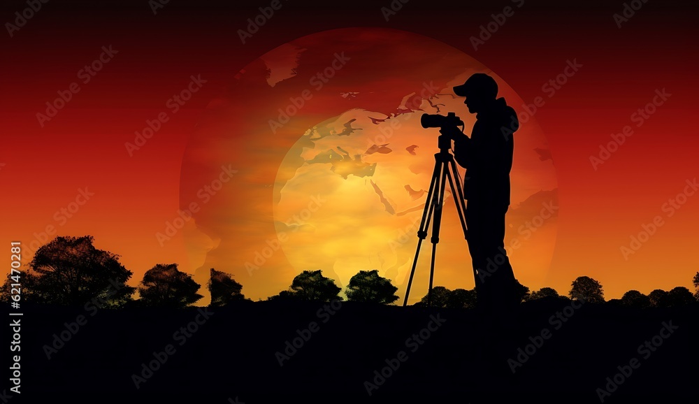 Silhouette of photographer with camera on sunset background ai generated