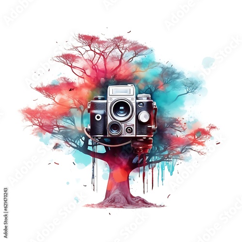 Grunge watercolor background with old camera and tree ai generated