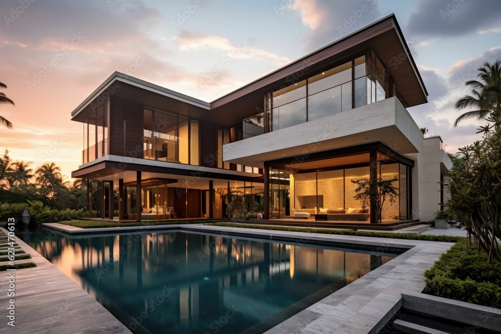 Exterior of modern house with swimming pool at sunset. Created with generative AI Exterior of modern house with swimming pool at sunset. Created with generative AI