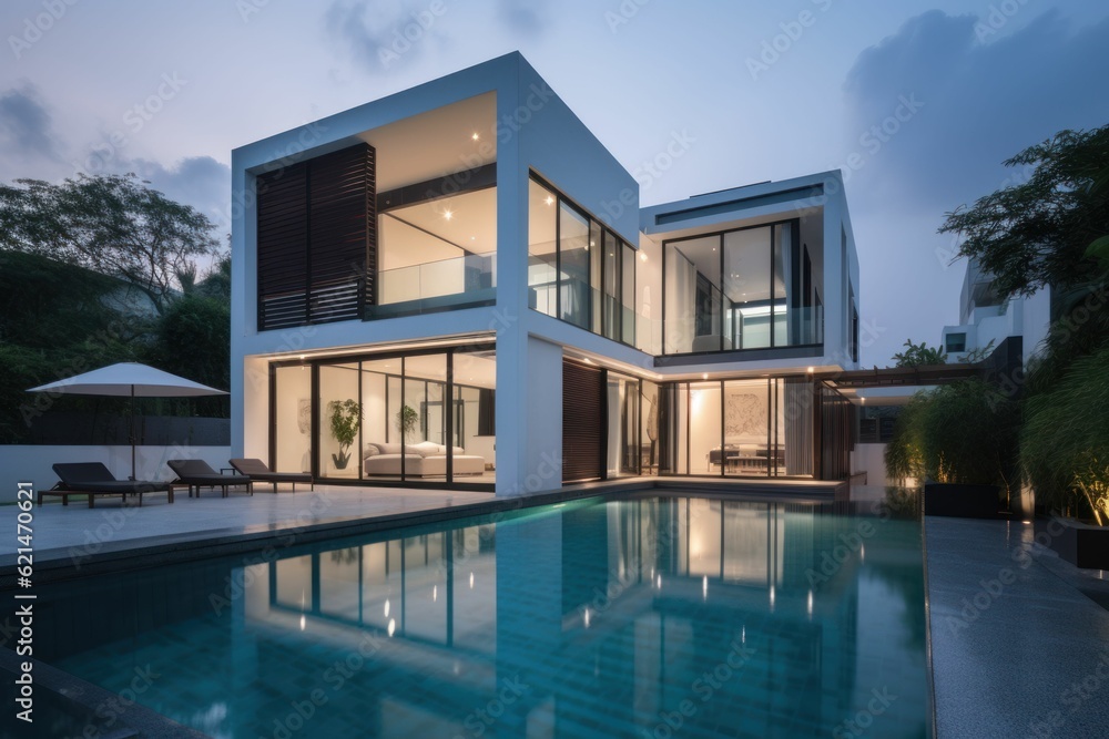 Fototapeta premium Exterior of modern house with swimming pool at sunset. Created with generative AI