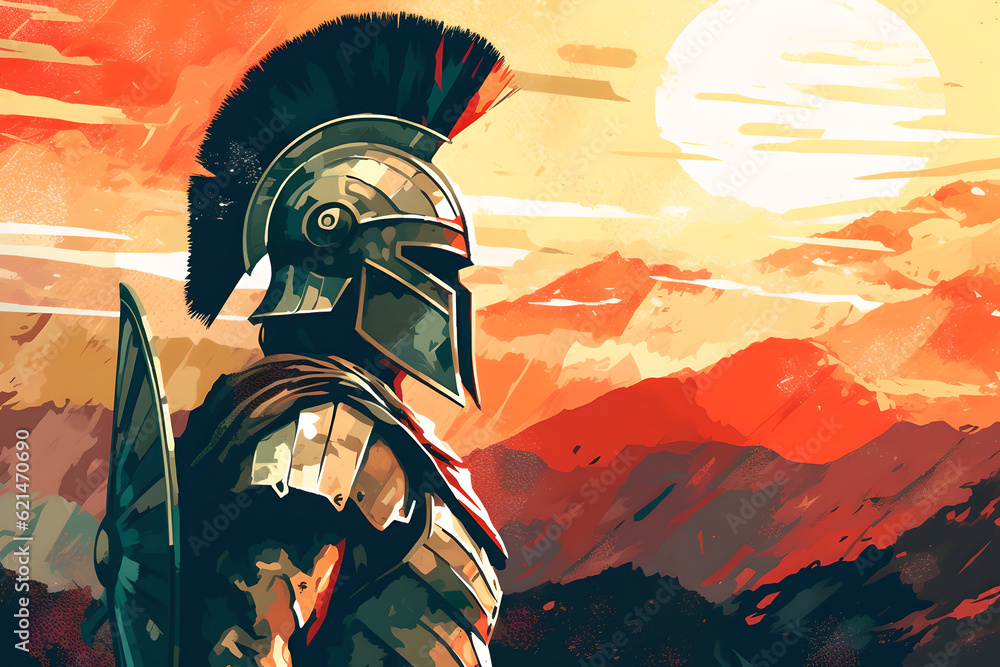 Φωτογραφία illustration of spartan king demigod in golden armor and helmet, holding spear and shield with grunge background