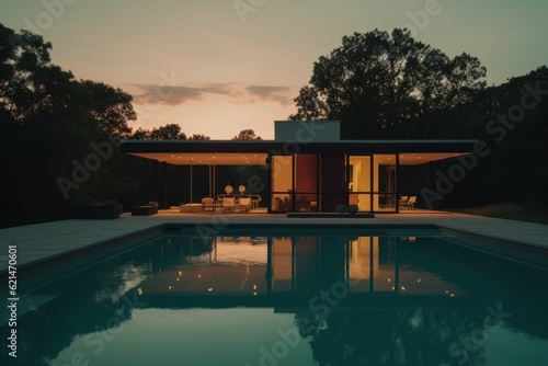 Exterior of modern house with swimming pool at sunset. Created with generative AI