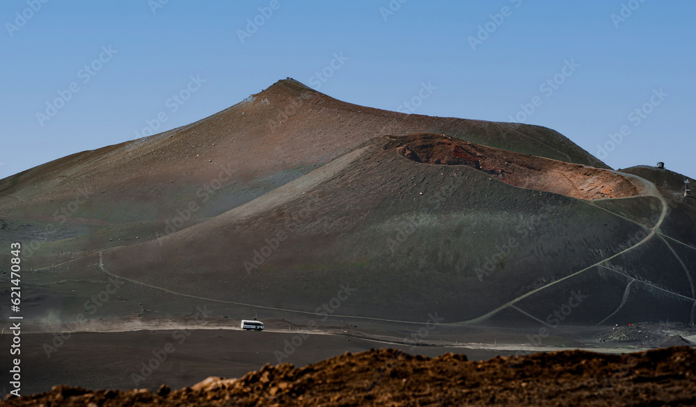 The otherwordly landscape of the Etna volcano with some smaller craters.
