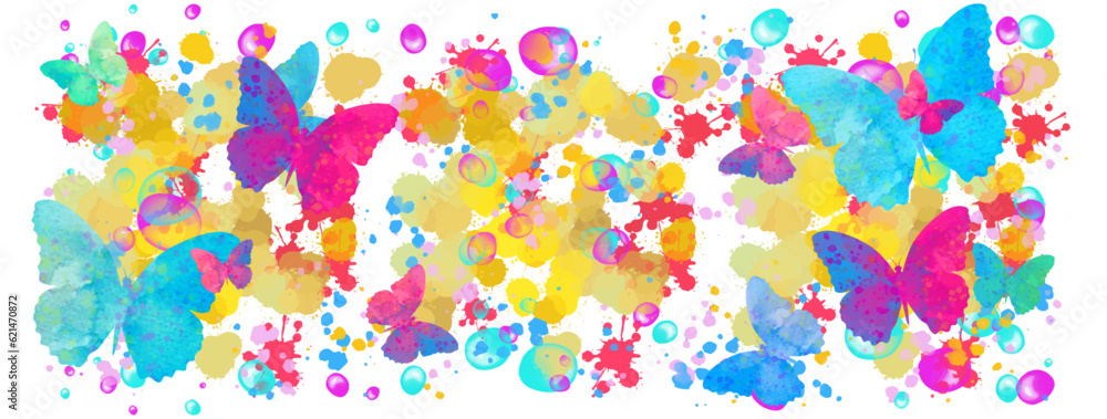 Butterflies, watercolour splashes. Natural, botanical, summer, Valentines day, wedding, Holiday template. Horizontally illustration. Butterflies, watercolour splashes. Natural, botanical, summer, Valentines day, wedding, Holiday template. Horizontally illustration.