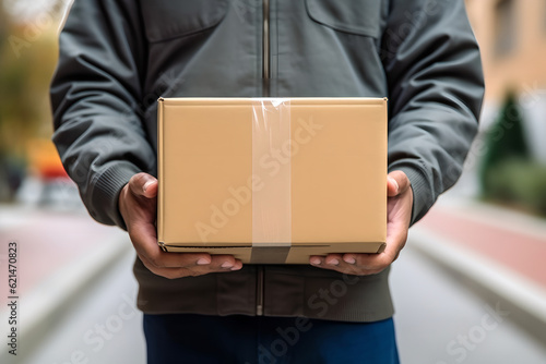 delivery man holding pile of cardboard boxes in front. Young owner accepting of cardboard boxes package © AspctStyle