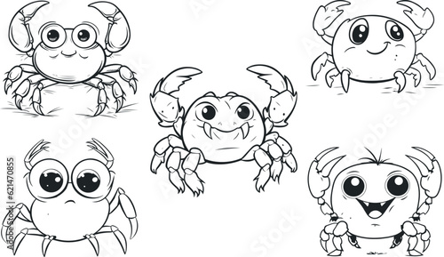 cute crab cartoon set of vector illustration, mascot logo. cute smiling happy crab character hand drawn cartoon lifting up claws isolated on white background. 