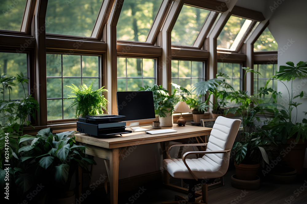 Serene Home Office Workspace with Natural Light, Modern Desk, Chair, and Plant by Window