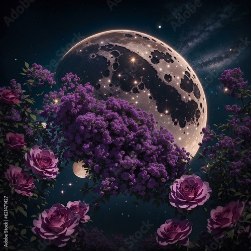 A very beautiful starry moon with beautiful purple flowers in front of it in an eye-catching scene © El Zahra 