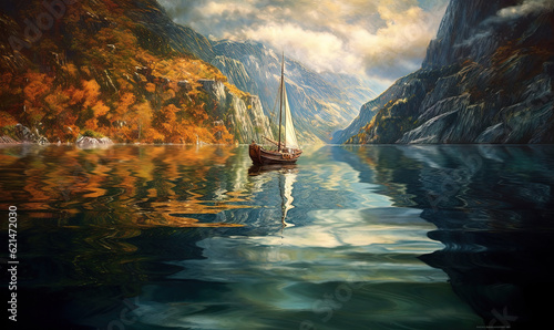  a painting of a boat on a lake with mountains in the background.  generative ai © Anna