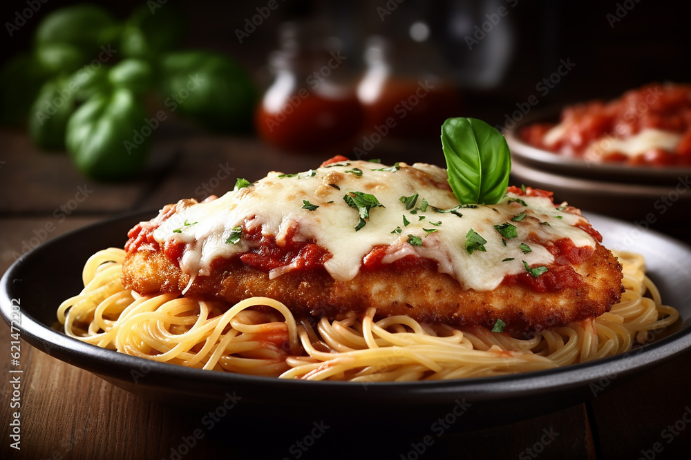 Irresistible Chicken Parmesan Pie on Wooden Table - Created with Generative AI Tools Irresistible Chicken Parmesan Pie on Wooden Table - Created with Generative AI Tools