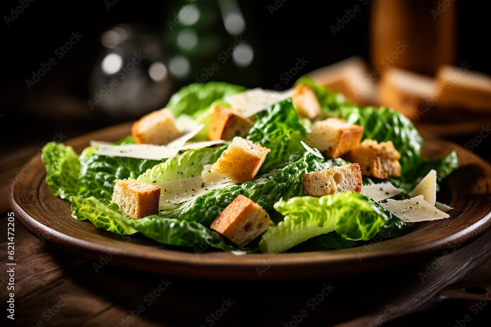 Fresh Caesar Salad on Wooden Table - Created with Generative AI Tools Fresh Caesar Salad on Wooden Table - Created with Generative AI Tools