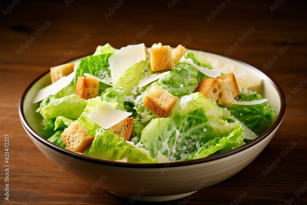 Fresh Caesar Salad on Wooden Table - Created with Generative AI Tools