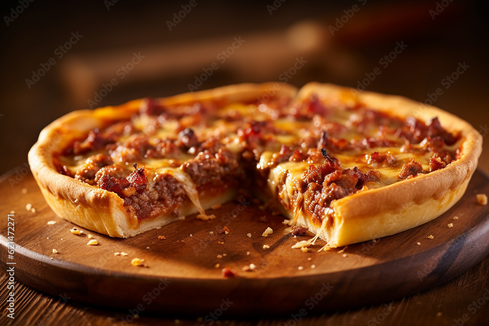 Mouthwatering Deep Dish Pizza on Wooden Table - Created with Generative AI Tools Mouthwatering Deep Dish Pizza on Wooden Table - Created with Generative AI Tools