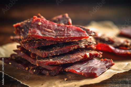 Savory Beef Jerky on Wooden Table - Created with Generative AI Tools