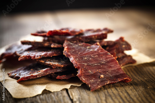 Savory Beef Jerky on Wooden Table - Created with Generative AI Tools