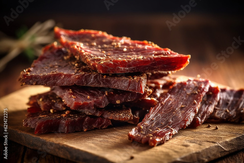 Savory Beef Jerky on Wooden Table - Created with Generative AI Tools