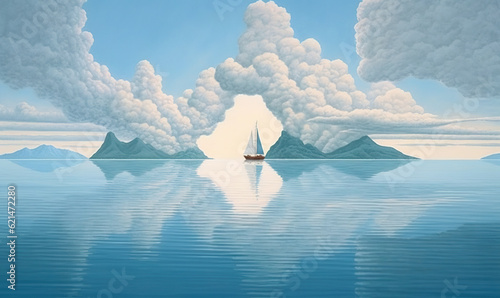  a painting of a boat in the ocean with a mountain range in the background. generative ai