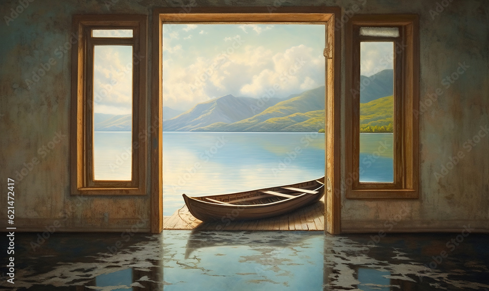  a painting of a boat on a lake with a window open.  generative ai