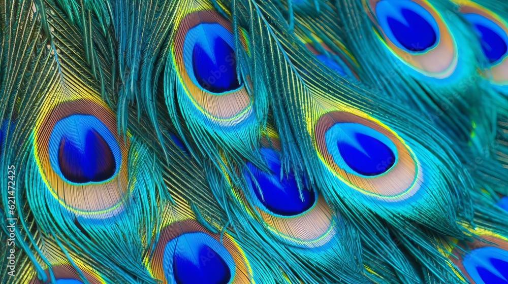 Obraz premium Blue peacock feathers in closeup Generative AI