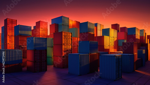 cargo containers are in storage on a dock at sunset