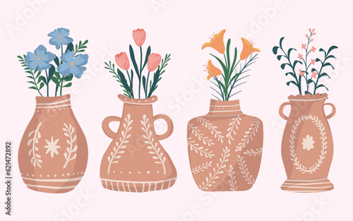 colorful flowers in vases flat design illustration set