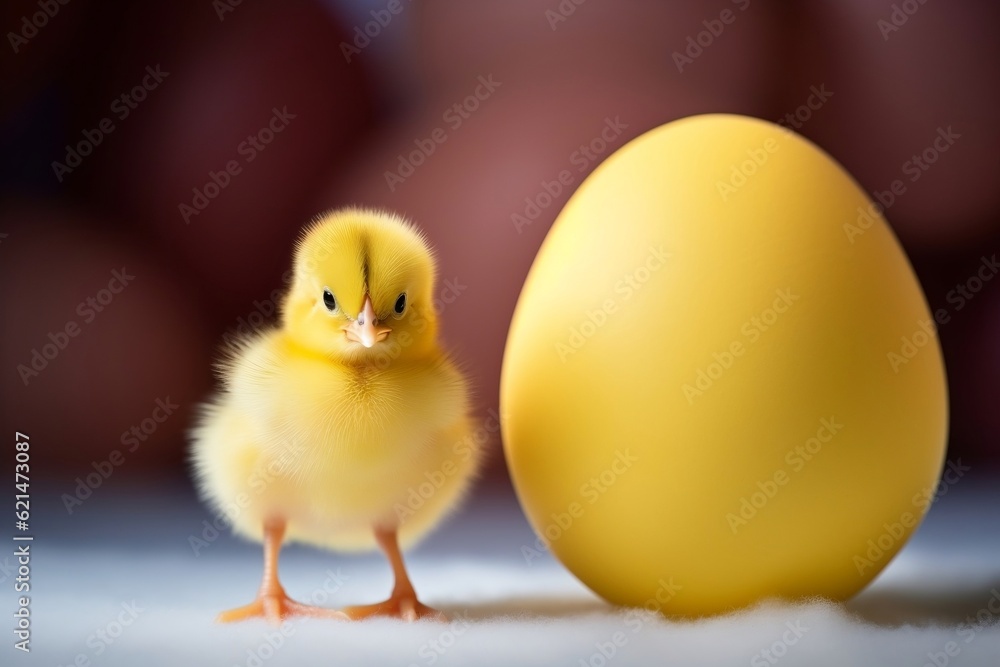 Easter Chick Beside a Big Yellow Egg. Generative AI