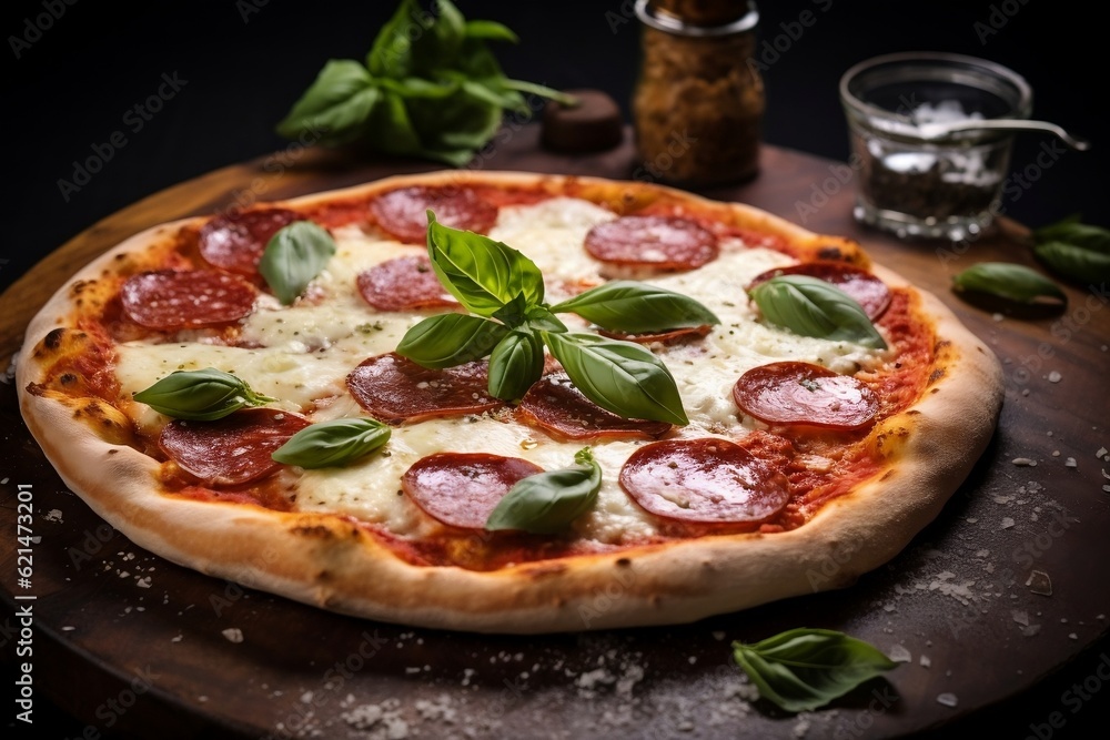 Spicy Italian Salami Pizza with Mozzarella. Generative AI