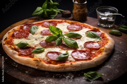Spicy Italian Salami Pizza with Mozzarella. Generative AI