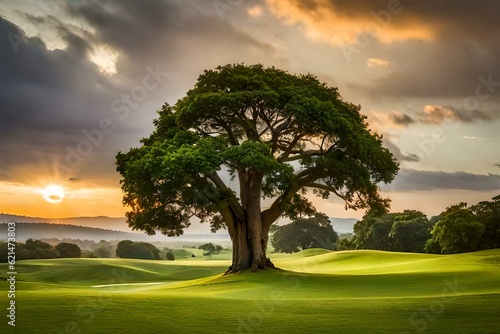 A Majestic Oak Stands Watch Over a Golden Sunset