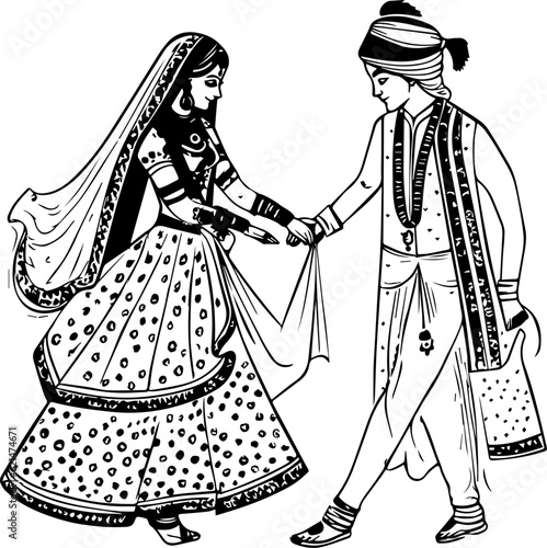 Indian Groom and Bride Black and White coloring page