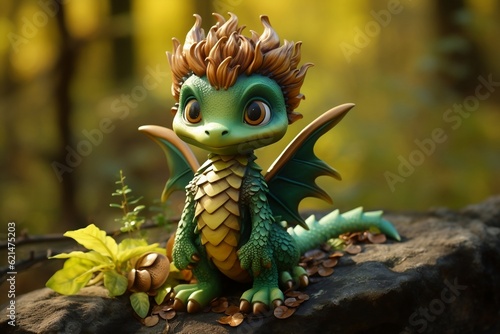 Tall Green Baby Dragon Sitting on His Rock. Generative AI