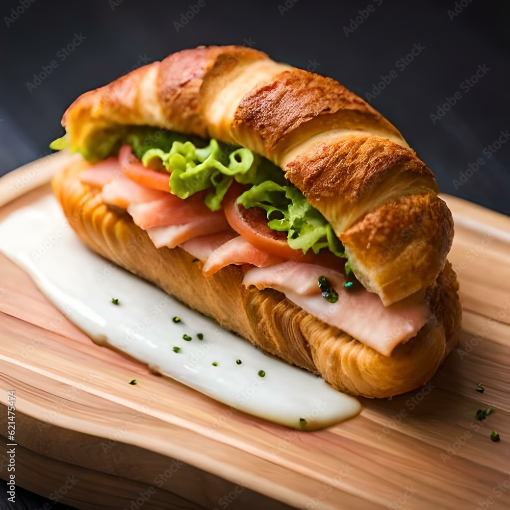 Breakfast Coffee and croissant with pieces of fish and meat with lettuce leaves on a neutral background created and generated by AI Breakfast Coffee and croissant with pieces of fish and meat with lettuce leaves on a neutral background created and generated by AI