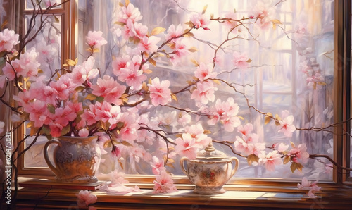  a painting of pink flowers in a vase on a window sill. generative ai