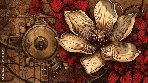 floral, vintage background, flover, products, enginer, generative, ai, steampunk, clockwork, brooc, red, tulip, magnolia