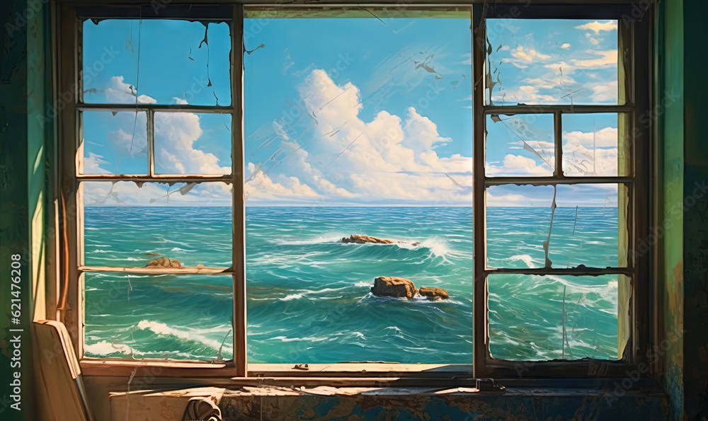  a painting of a window with a view of the ocean.  generative ai