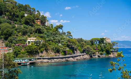 the Mediterranean coast of Italy in Portofino, against the backdrop of a mountain immersed in greenery, a beautiful coast with vacationers