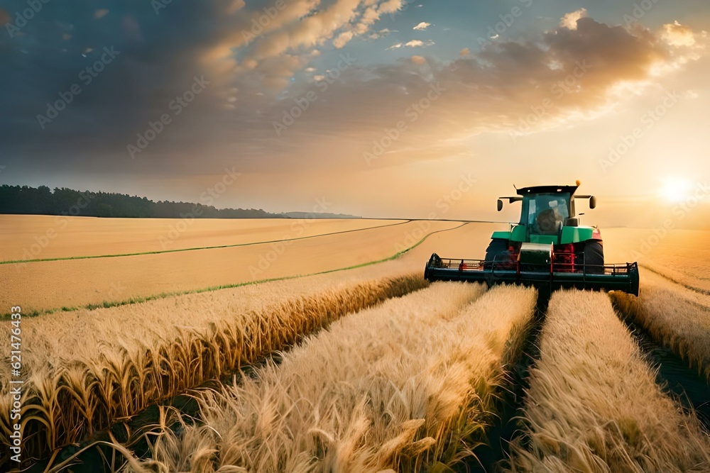 Fototapeta premium Illustration of a wheat field with a harvester. Harvesting. Generative AI