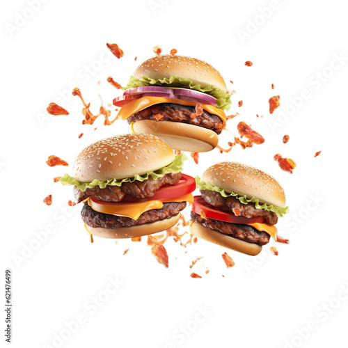 Grill burger, realistic 3d burgers falling in the air, grilled meat collection, ultra realistic, icon, falling, flying, detailed, angle view food photo, burger composition | 空を飛ぶハンバーガー