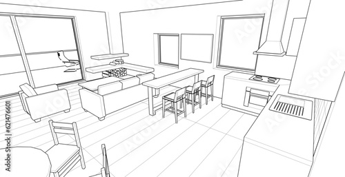 house interior sketch 3d illustration