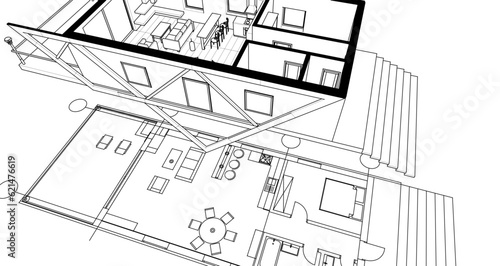 house interior sketch 3d illustration