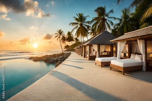 Tropical resort on the beach. Generative AI © Royalty-Free