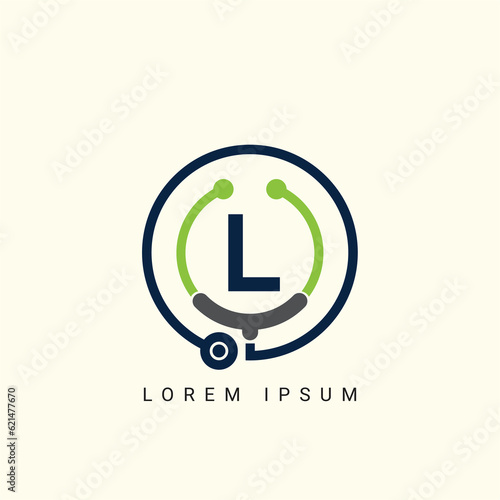 Letter L with Stethoscope Logo Concept sign icon symbol Design. Medical Health care Logotype. Vector illustration template