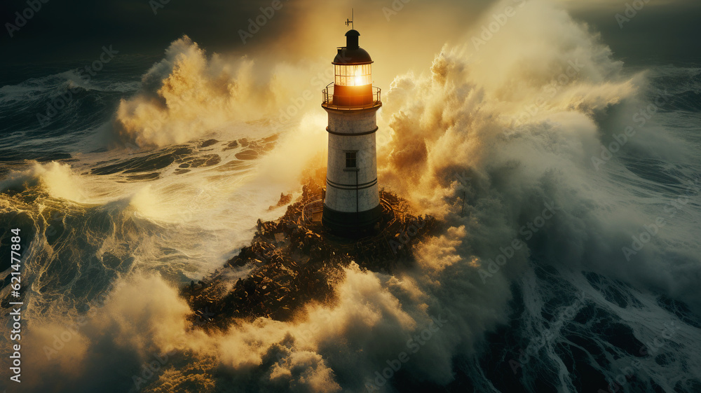 Huge sea waves cover the lighthouse. Storm